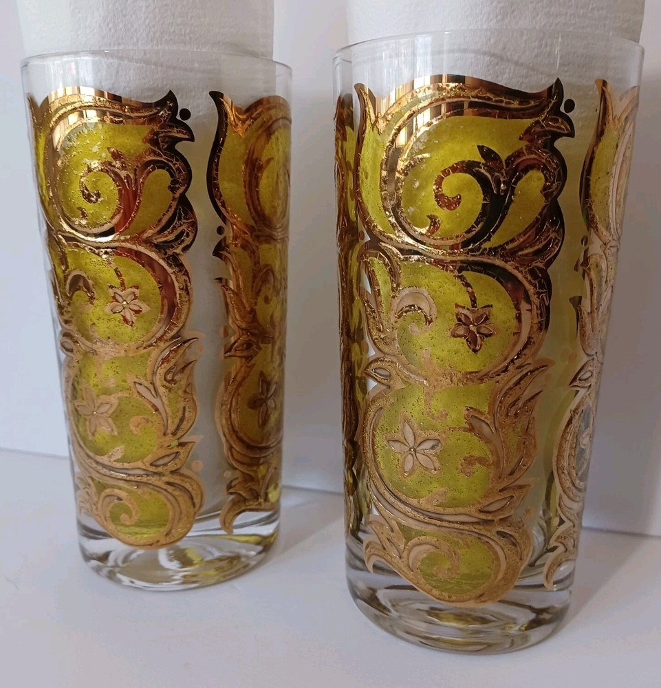 MCM Highball Glasses Gold Over Yellow Swirls Flowers On Clear Glass 5.5in Pair 2