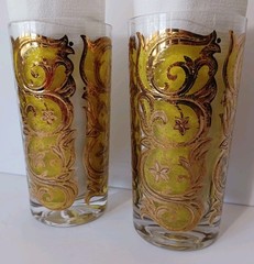 MCM Highball Glasses Gold Over Yellow Swirls Flowers On Clear Glass 5.5in Pair 2