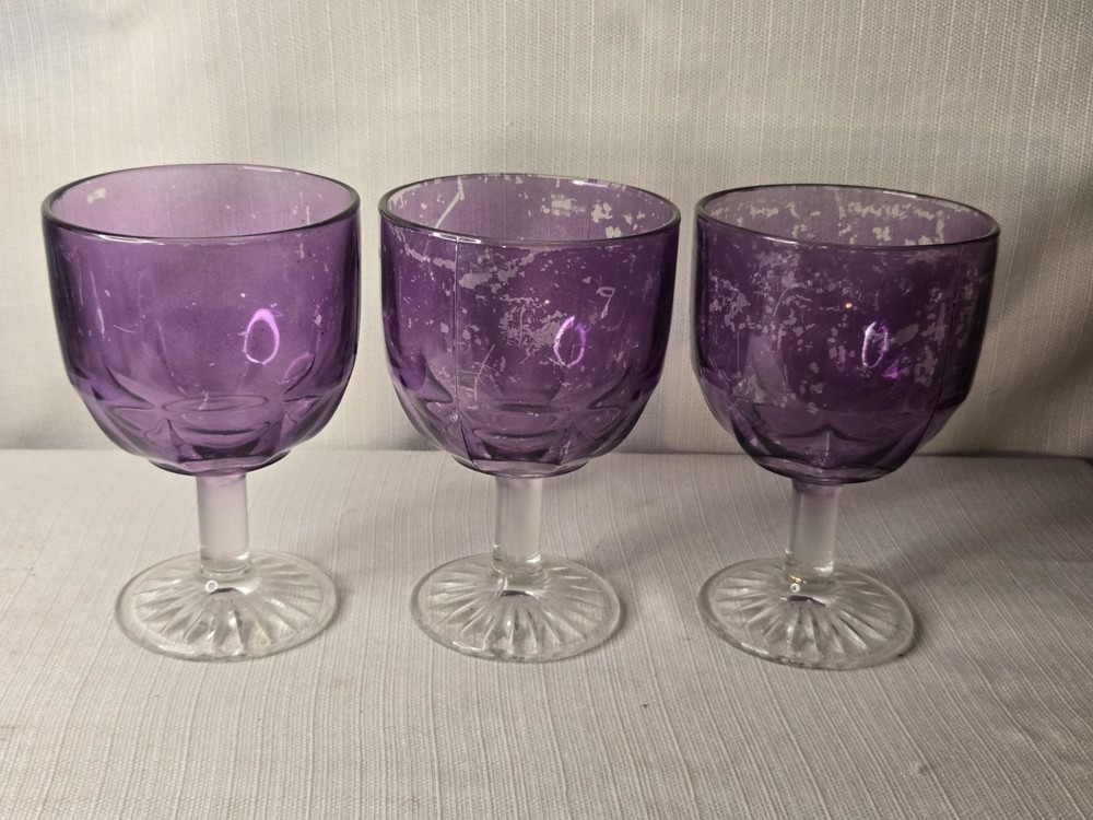 Vintage Purple Glass Thumbprint Goblet Glasses Set Of 3