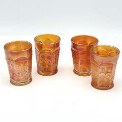 4 Vintage Antique Fenton Tumblers Golden Carnival Glass Water Lilly & Cattails