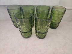 6 Vintage 1960s Indiana Glass Kings Crown Thumbprint Tumblers Avocado Green MCM
