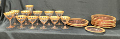 Tiffin Gold Rim Pink Depression Glass Plates & Stemware Mixed Lot 23 Pcs