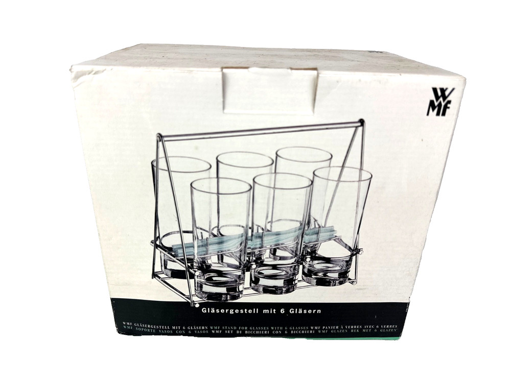 WMF Set of 6 Highball Glasses in a Metal Rack New in Box