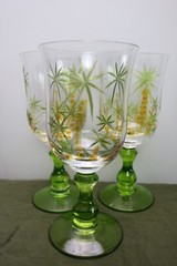 Green Etched Palm Trees Footed Glasses Goblets Green Bulbous Stem Set of 3