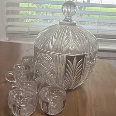 Anna hutto vtg Lead Crystal Punch Bowl Set w/ Lid, Floral Cut, Clear/Gold