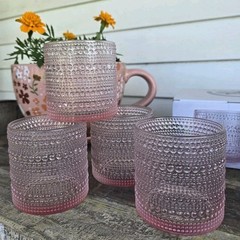 NEW Set 4 Home Essentials HALO Hobnail Textured PINK 13½oz Rocks Glasses