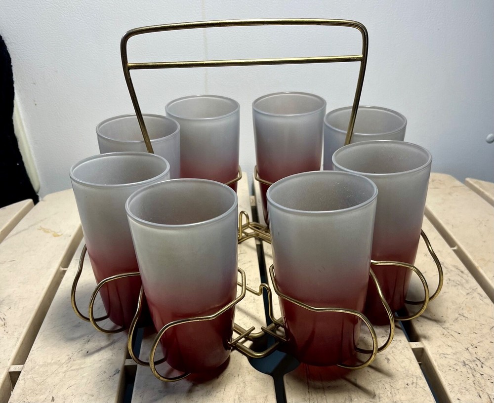 9 PIECE VINTAGE FROSTED COCKTAIL GLASSES IN BRASS CADDY