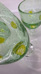 Set Of 3 Green Seeded Bubble Glass Goblets With Lemon Slices & Clear Ball Stem