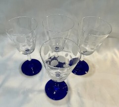6 Vintage Clear w/ Cobalt Blue Stem Base Etched Bouquet Cordial Glasses Set of 6