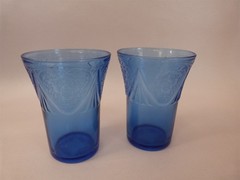 2 VINTAGE Cobalt Blue Royal Lace Small Depression Glass Tumblers 4.25″