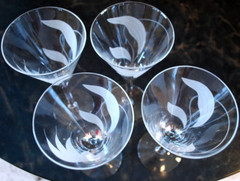 Vintage Set 4 FROSTED SWIRL CUT LEAF Crystal Water Goblets 8 1/8″ Midcentury Mod
