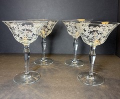 (4) Vintage Morgantown Mikado Etched Champagne / Tall Sherbet Glasses 1930s