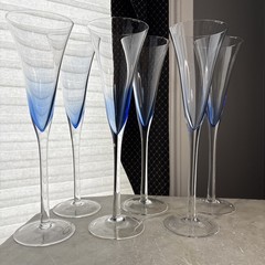 Tall Sapphire Blue Art Glass Champagne Flutes-Modern Bullet Base- Elegant 10″ T.