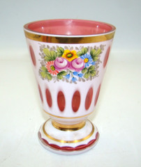 Vintage Bohemian Glass Beaker Goblet Hand Painted White Cut To Cranberry