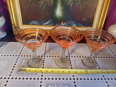 Large Hand Blown Retro Orange Swirl Art Glass Martini/ Margarita Glasses Set-3
