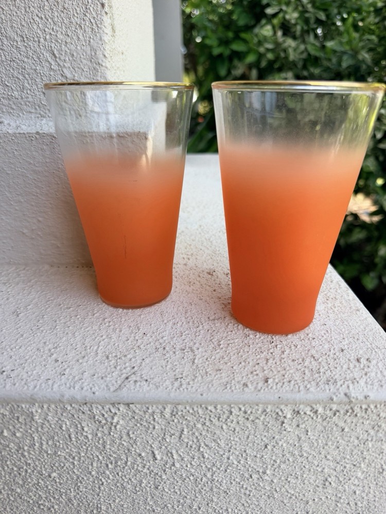 Vintage Blendo Orange Frosted Tumblers Gold Rim MCM Barware Glasses Set of 2