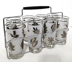Vintage Set of 8 Libbey Gold Leaf Frosted Tumbler Glasses in Metal Caddy MCM
