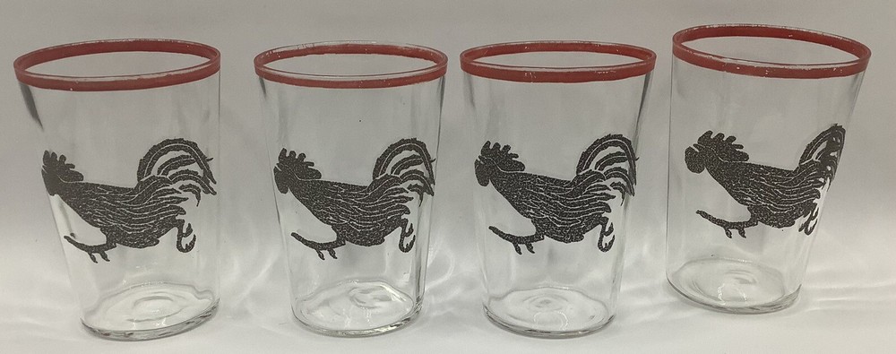 VTG Rooster Juice Glasses 3 Oz Set Of 4 Barware MCM Or Farmhouse Grannycore