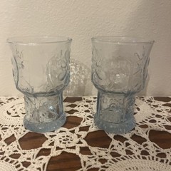 Set of 2 Vintage Libbey Light Blue Country Garden Daisy 4″ Juice Glasses MCM