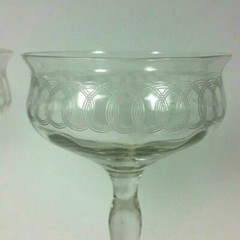 Champagne Glasses Set of 5 Crystal Etched Intertwining Circles Rings Wine