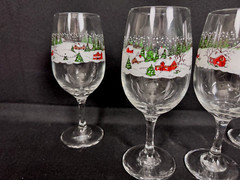 4 Vintage Libbey Christmas Winter Village Countryside Snow Scene Goblets 7 1/2″