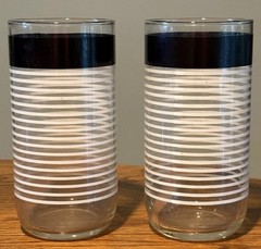 Vintage Libbey Striped Tumbler Glasses Set of 2 Black White Bands MCM 5.25”