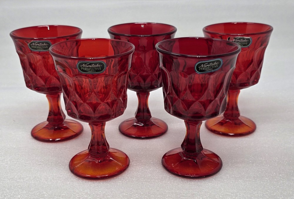 5 Noritake Perspective Ruby Wine Glasses With Thumbprint & Panel Design