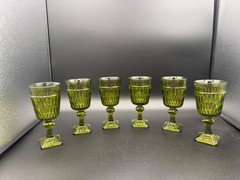 6 Vintage Indiana Glass 5 3/8” Avocado Green Wine Goblets – EX!