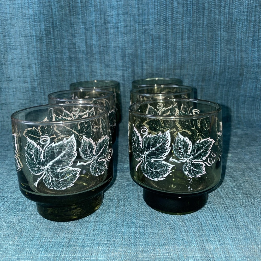 6 Vtg~Libbey~Avocado Green~Raised/Textured Ivy Leaves~8oz~3.35T Glasses(DR35)