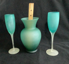 Vintage Style Frosted Glassware With Vase Green Blue Gradient, Satin Finish. 9″