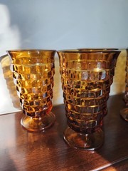 Set of 6 Vintage Indiana Whitehall Amber Glasses, Cubits Design, 6″ Tall, VGC