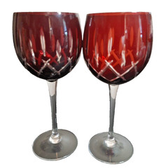 Vintage Bohemian Ruby Red Cut to Clear Globe Crystal Wine Glasses Goblets 2 pc