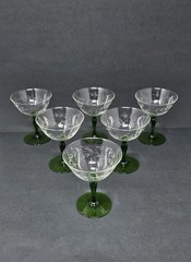 6 Rare Vintage Clear Etched Glass Champagne Glasses Green Stems Leaf Dot Design