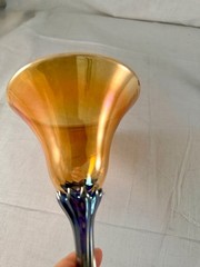 Pair Rick Strini Art Glass Tulip Wine Goblet Iridescent Amber Cobalt Signed