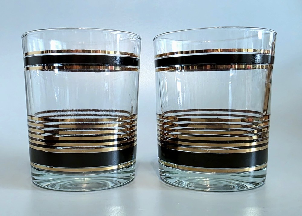 (593) MCM Black & Gold Double Old Fashioned After Hours Luminarc Set Of 2 MINT