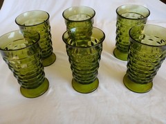 6 Vintage Indiana Glass «Whitehall» pattern footed tumblers in Avocado Green.