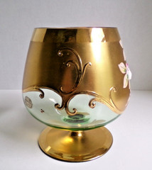 Bohemian Glass Hand Painted Enameled Flowers Gilt Gold Brandy Snifter, Set of 2