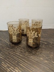 Set of 4 Vintage Libbey Franco Flower Wheat Juice Glasses Tumbler Smokey Amber