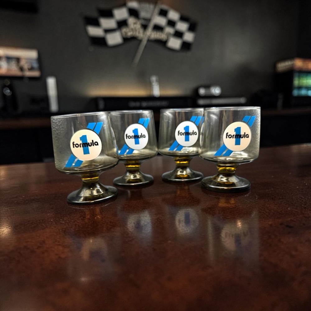 Formula 1 Racing Smoked Footed Low Ball Glass Piece 4 1/4″ Set of 4 Vintage