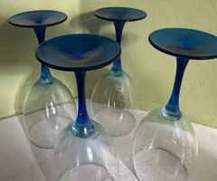 lot of 4 hand blown clear with blue stems artist made 7.5″ wine glasses