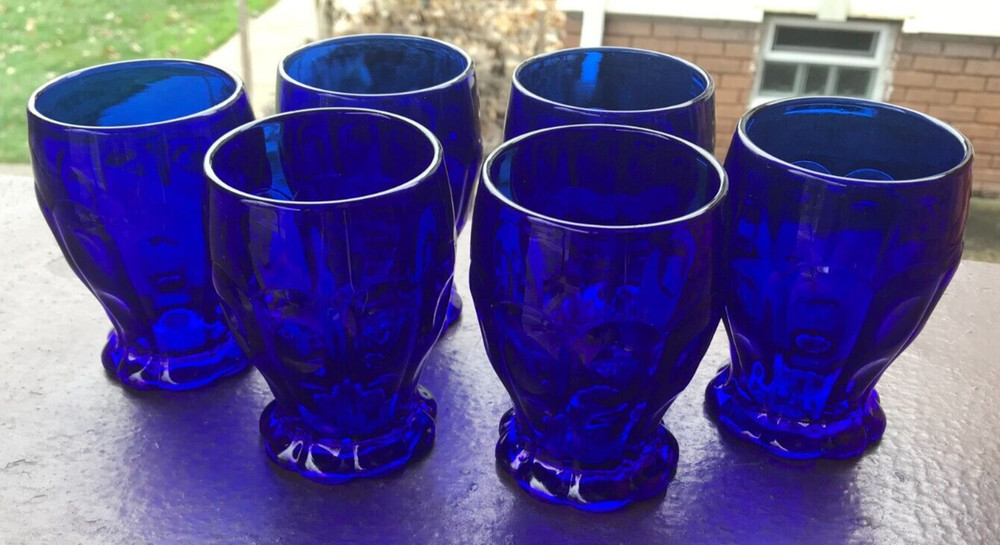 6 pc Vintage Fenton Cobalt/Royal Blue Glass 1933 Dot & Panel 9oz Tumblers 4-1/8″