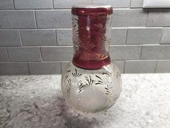 Tumble Up Set Glass Bedside Water Carafe With Cup Rare Cranberry Etched Floral
