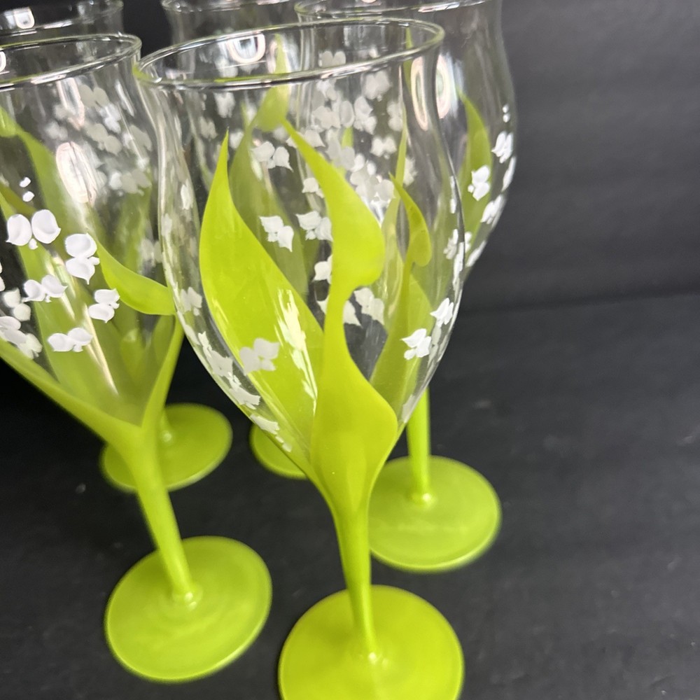 5 SIGNED Gloria Vanderbilt LILY OF THE VALLEY Painted WINE STEMS Goblet #R11