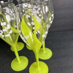 5 SIGNED Gloria Vanderbilt LILY OF THE VALLEY Painted WINE STEMS Goblet #R11