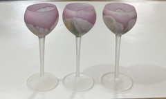 Rueven Art Nouveau Satin Wine Glasses Watercolor Hand Painted Set Of 3