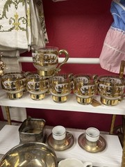 VTG Russian Gold Dragons Mid Century Modern 6 Glasses Cups Metal Handles MCM