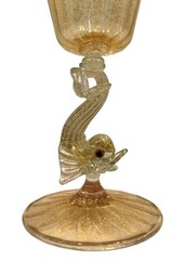 Antique Salviati Pauly Venetian Glass Stemware Dolphin Stem Peach & Aventurine