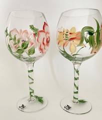 Set of 2 Hand Painted Floral Wine Glasses Pink Flower & Yellow Lily Art Glass
