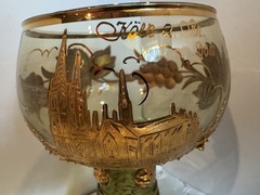 Green Glass Goblet 10″ Gold Grapevine Cathedral Floral Decorative Stemmed