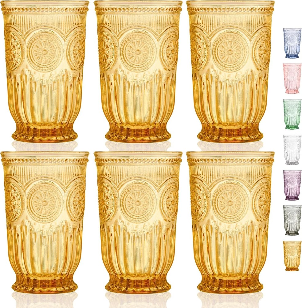 Vintage-Inspired Amber Highball Glasses Set – 6 Count 10 oz Handmade Glassware